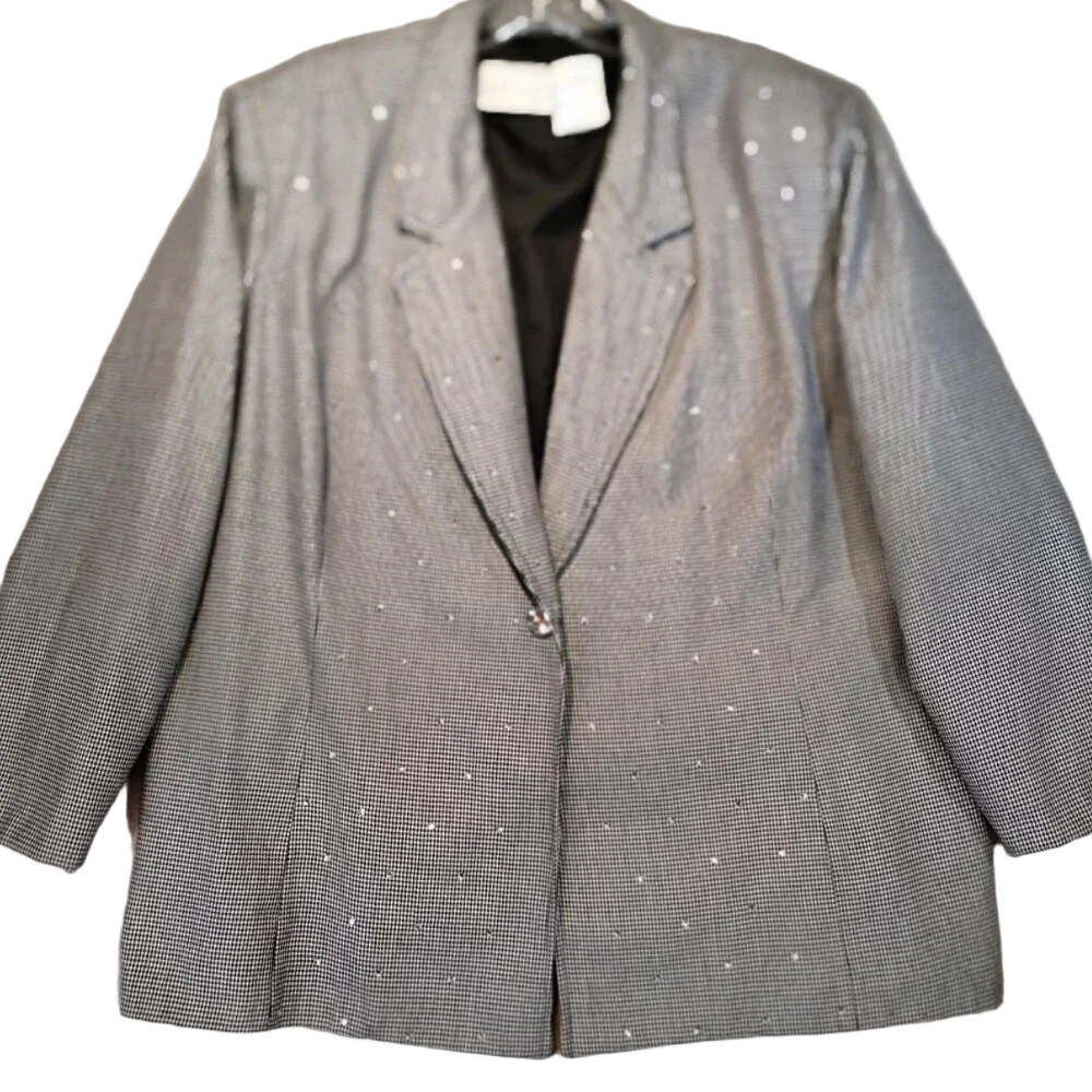 Yves Venet Creation Gray & Black Houndstooth  Rhinestone Blazer Size 42